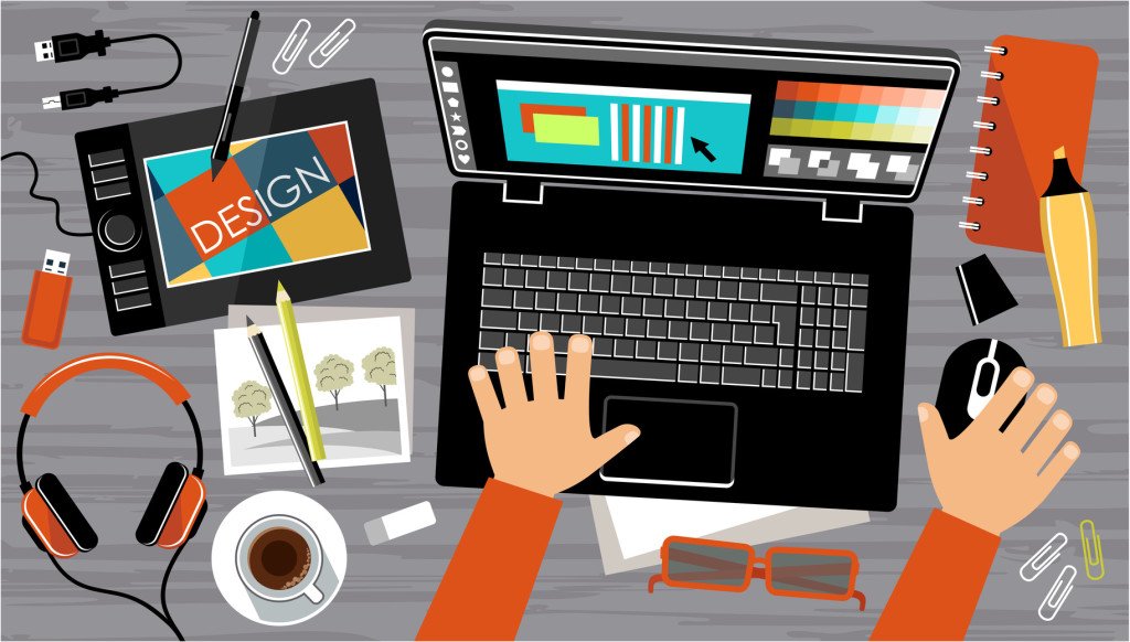 Flat design of creative office workspace